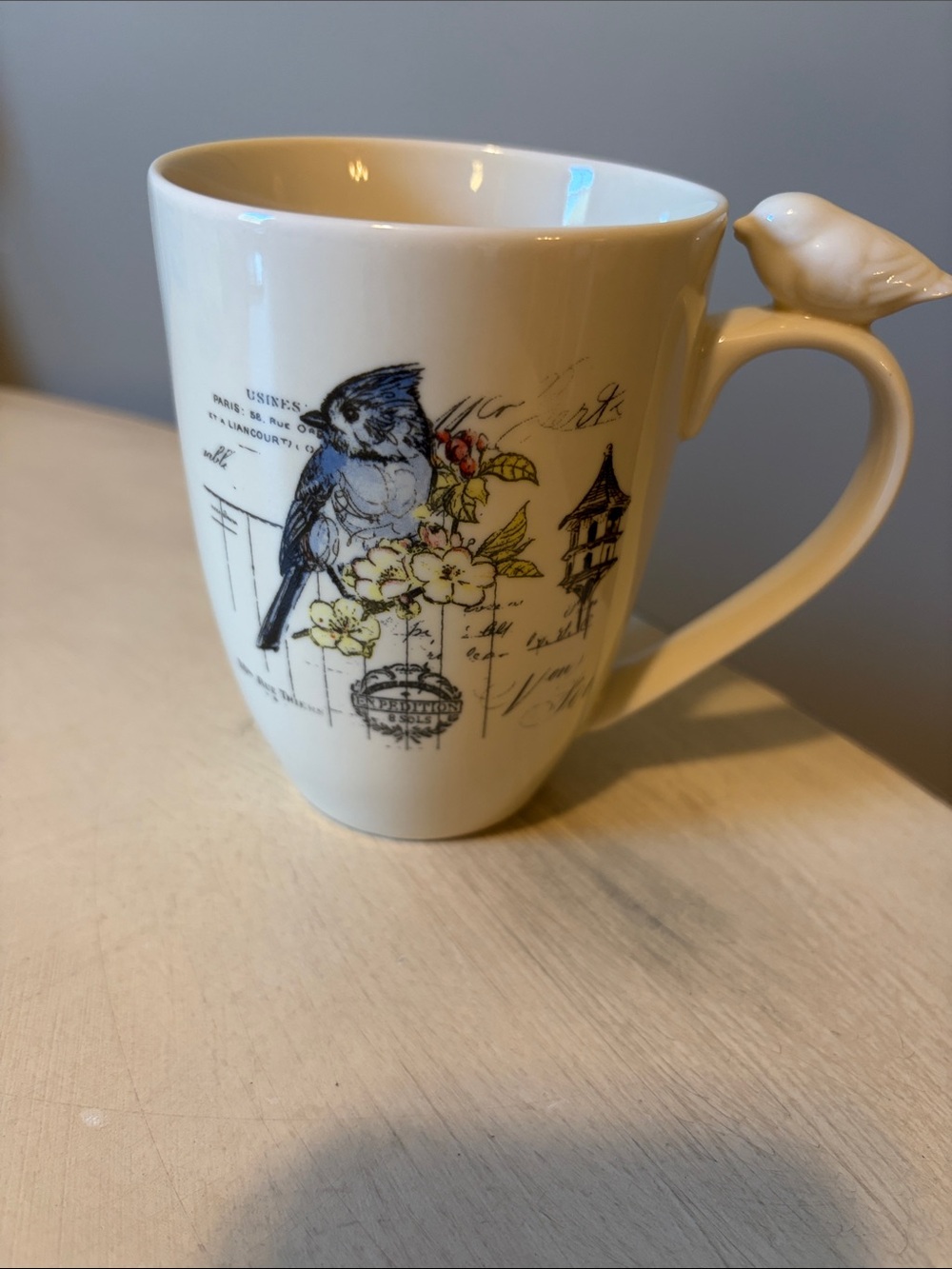 Cottage Core Ceramic Bluebird Cream Mug with Decorative Bird Handle